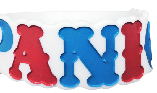 Reminderband made for Panic At The Disco on white silicone with two ink colors