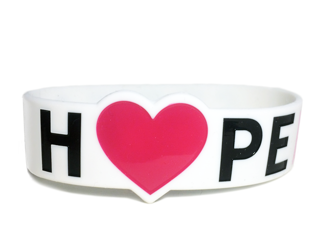 gel bracelet saying hope with heart cut out in place of the O