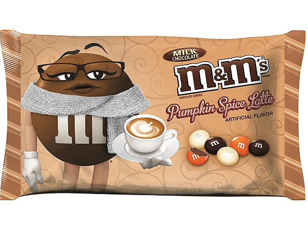 pumpkin spice latte m&m's package with hipster m&m