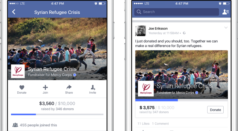 Mercy Corps fundraising page on Facebook for Syrian Refugee Crisis