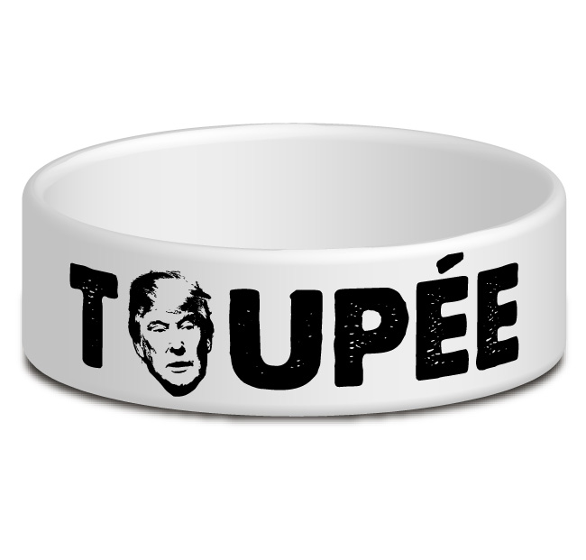 trump toupee wristband with trump face as O in toupee
