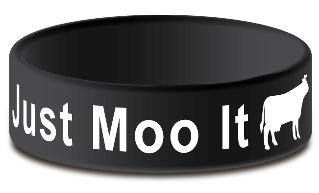 Just Moo It wristband in black with white design