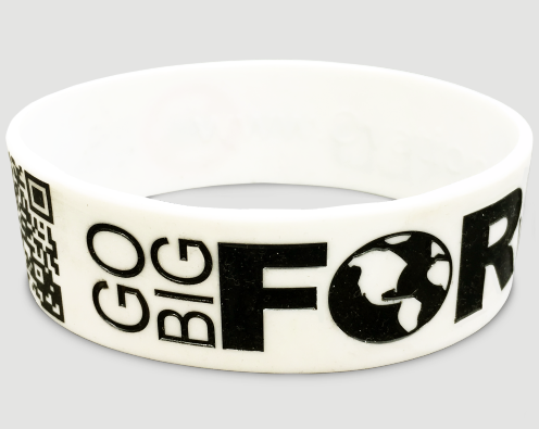 go big for the world custom wristband in white with black text