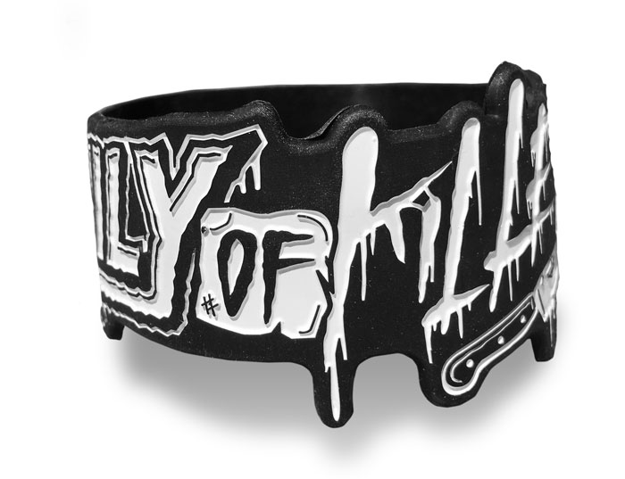 die cut silicone wristband in black with white message
