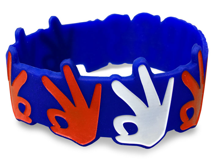 three fingers custom rubber wristband in blue with red and white hands