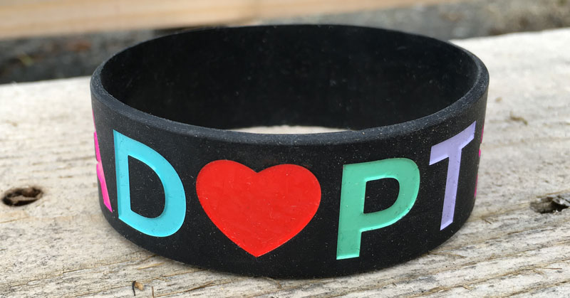 amazing adopt wristband with multicolored lettering and a heart for the O