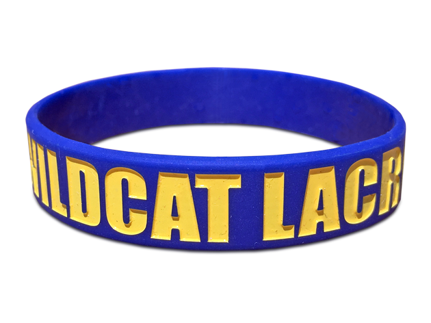 wildcat lacross ink injected wristband in blue with a yellow message