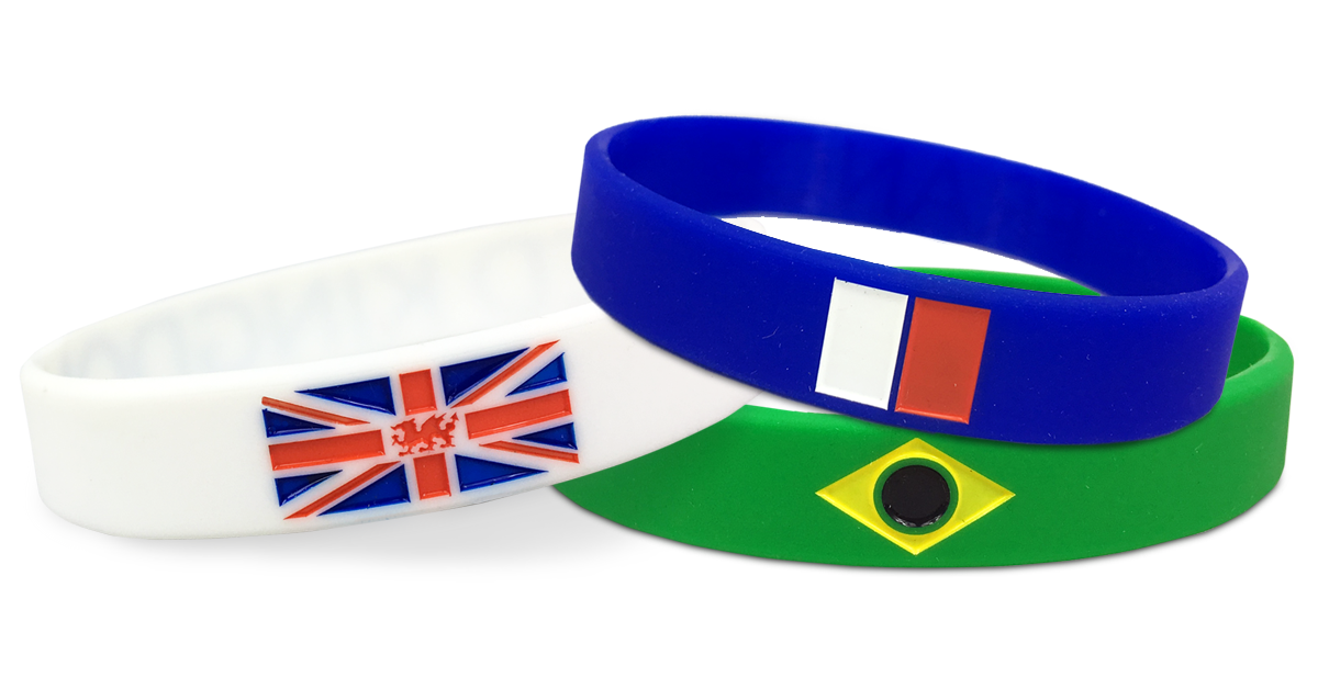 country wristbands showing France, Brazil and The UK