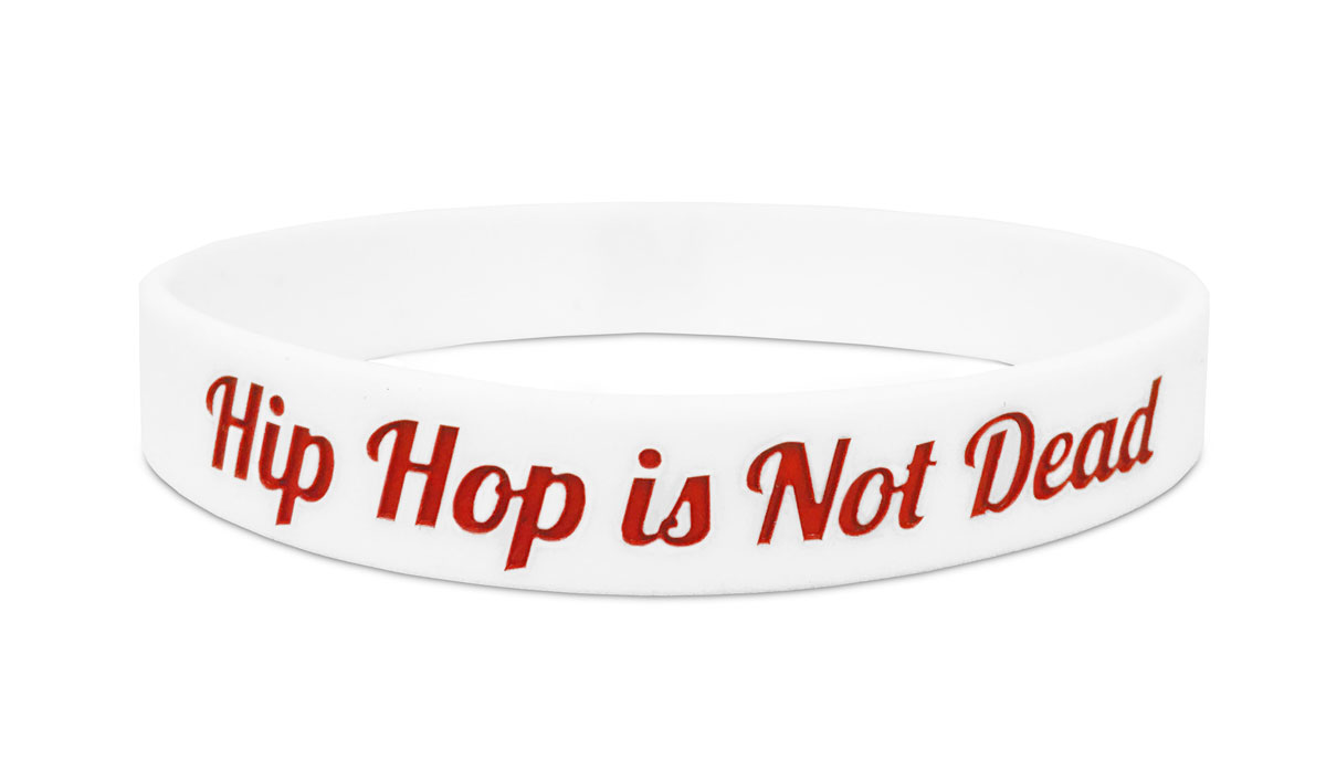hip hot is not dead wristband with red cursive text
