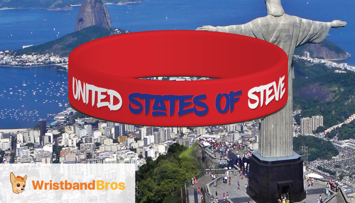 united states of steve wristband in red with white and blue text