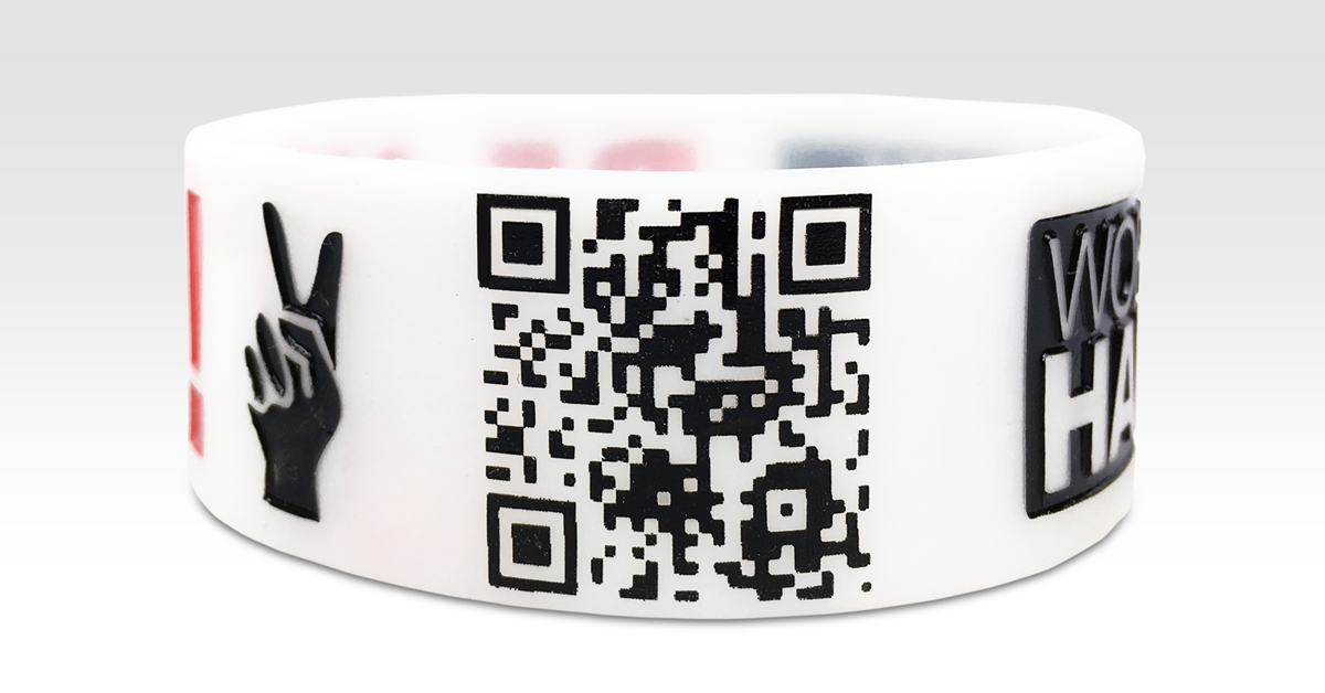 qr code printed on wristband leading to ovation company website