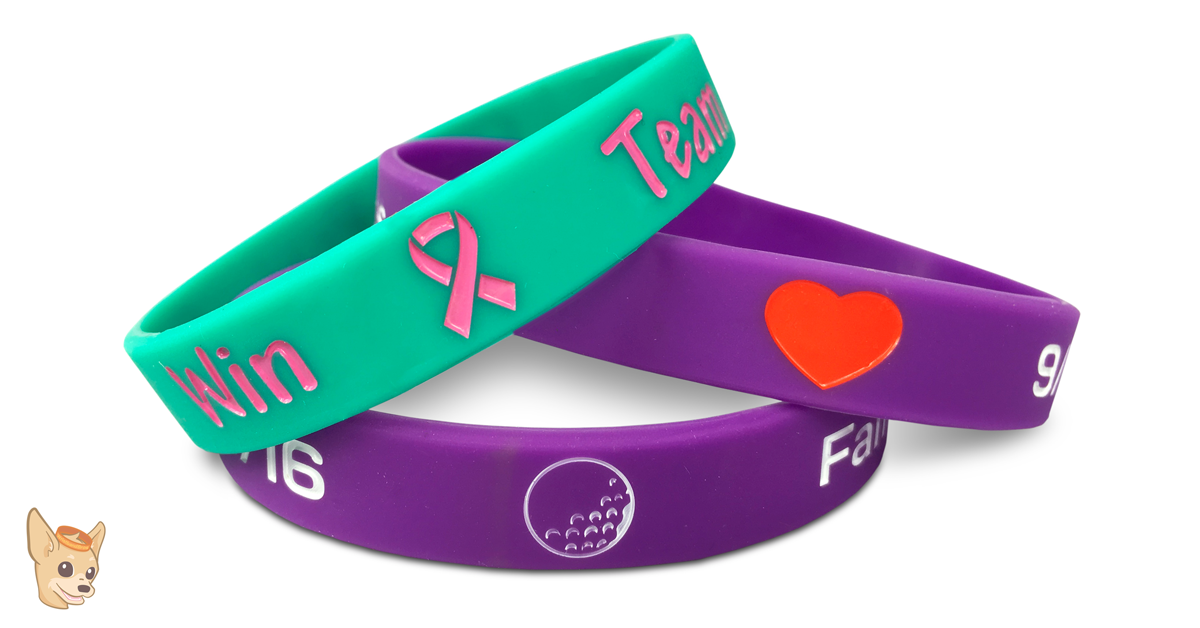wristbands with clip art showing a heart, golfball and ribbon