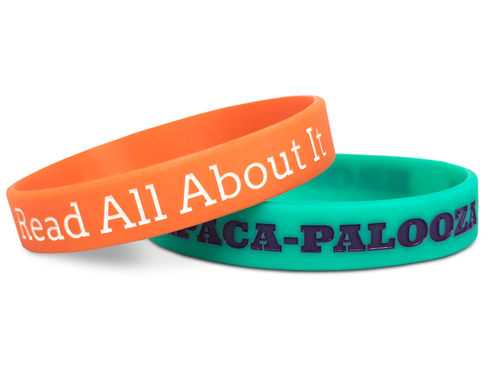 personalized rubber bracelets in orange and teal