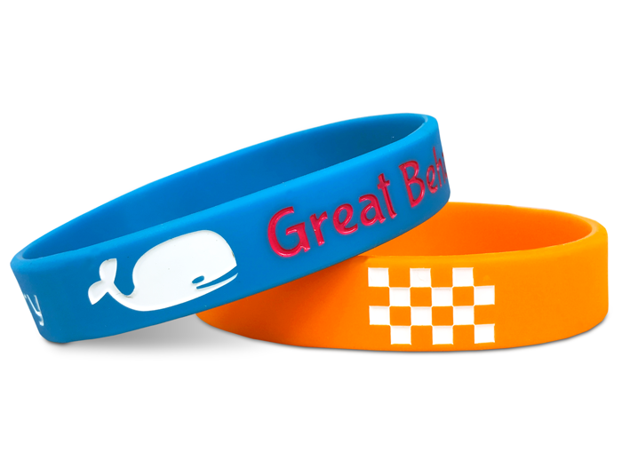 personalized rubber bracelets in blue and orange