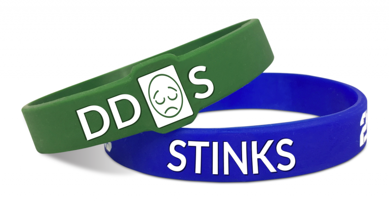 ddos stinks wristbands in green and blue