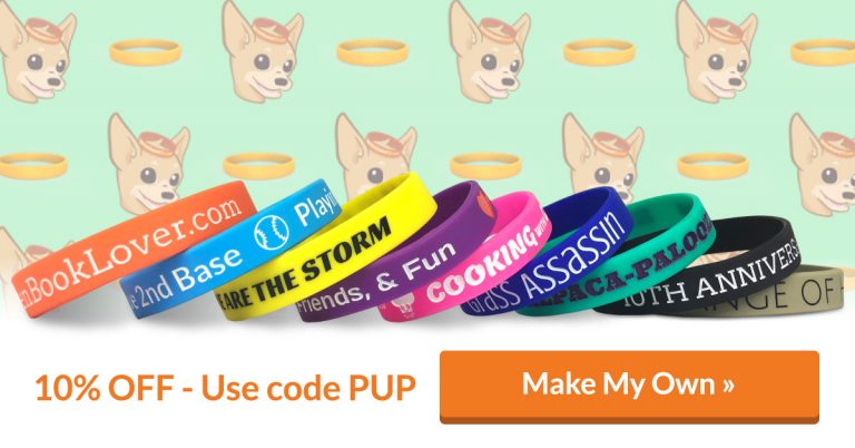 wristbands marketing ad showing wristbands and promo code pup