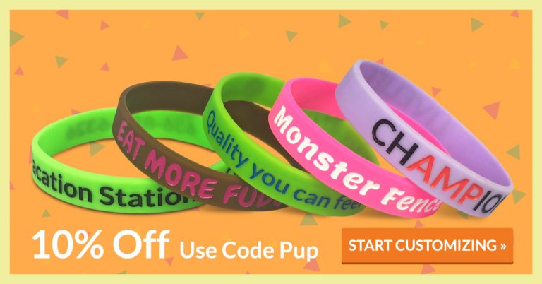 custom wristbands promotion with 10% off using code pup