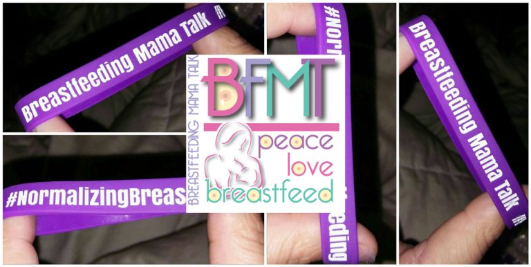 brestfeeding mama talk wristbands in purple with white text