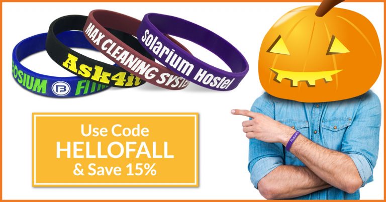 man with pumpkin on head advertising wristband sale of 15% off using code HelloFall