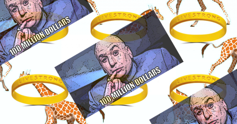 dr evil and livestrong wristbands on top of giraffes