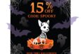 15% off, code SPOOKY, now thru Halloween: a cartoon skeleton pup sits in an orange jack-o'-lantern wristband, with bats, ghosts and cobwebs