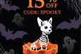 15% off, code SPOOKY, now thru Halloween: a cartoon skeleton pup sits in an orange jack-o'-lantern wristband, with bats, ghosts and cobwebs