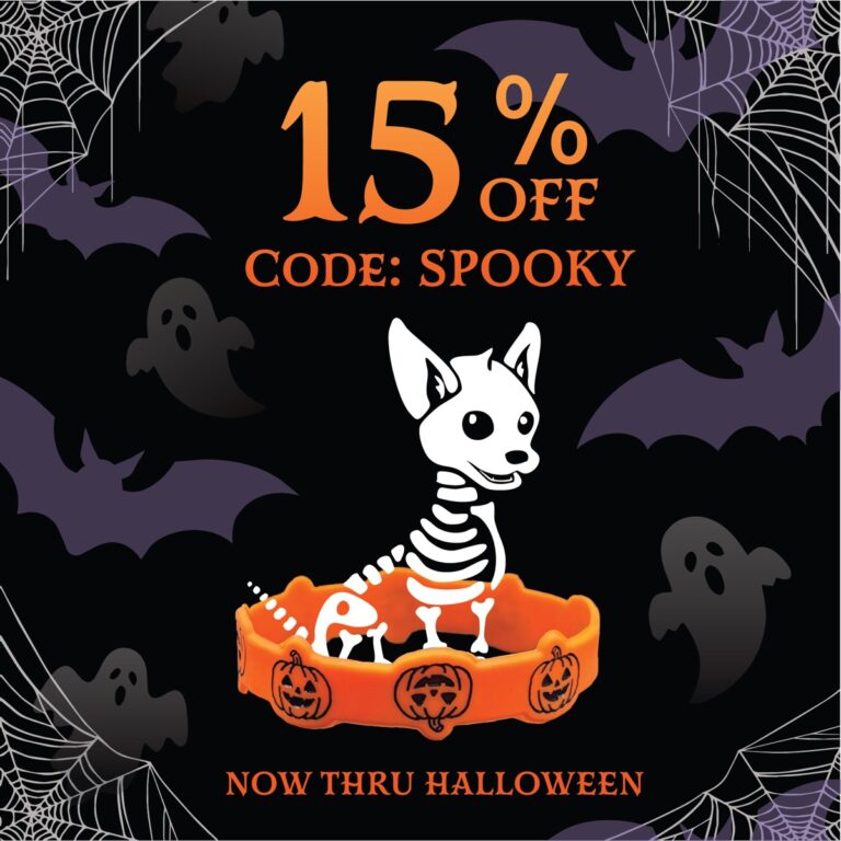 15% off, code SPOOKY, now thru Halloween: a cartoon skeleton pup sits in an orange jack-o'-lantern wristband, with bats, ghosts and cobwebs