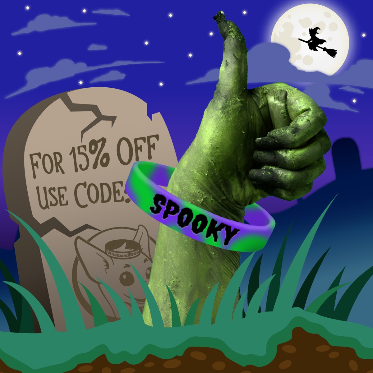 For 15% off use code SPOOKY: a green monster hand gives a thumbs up wearing a purple and green SPOOKY wristband, under a full moon with a witch flying by