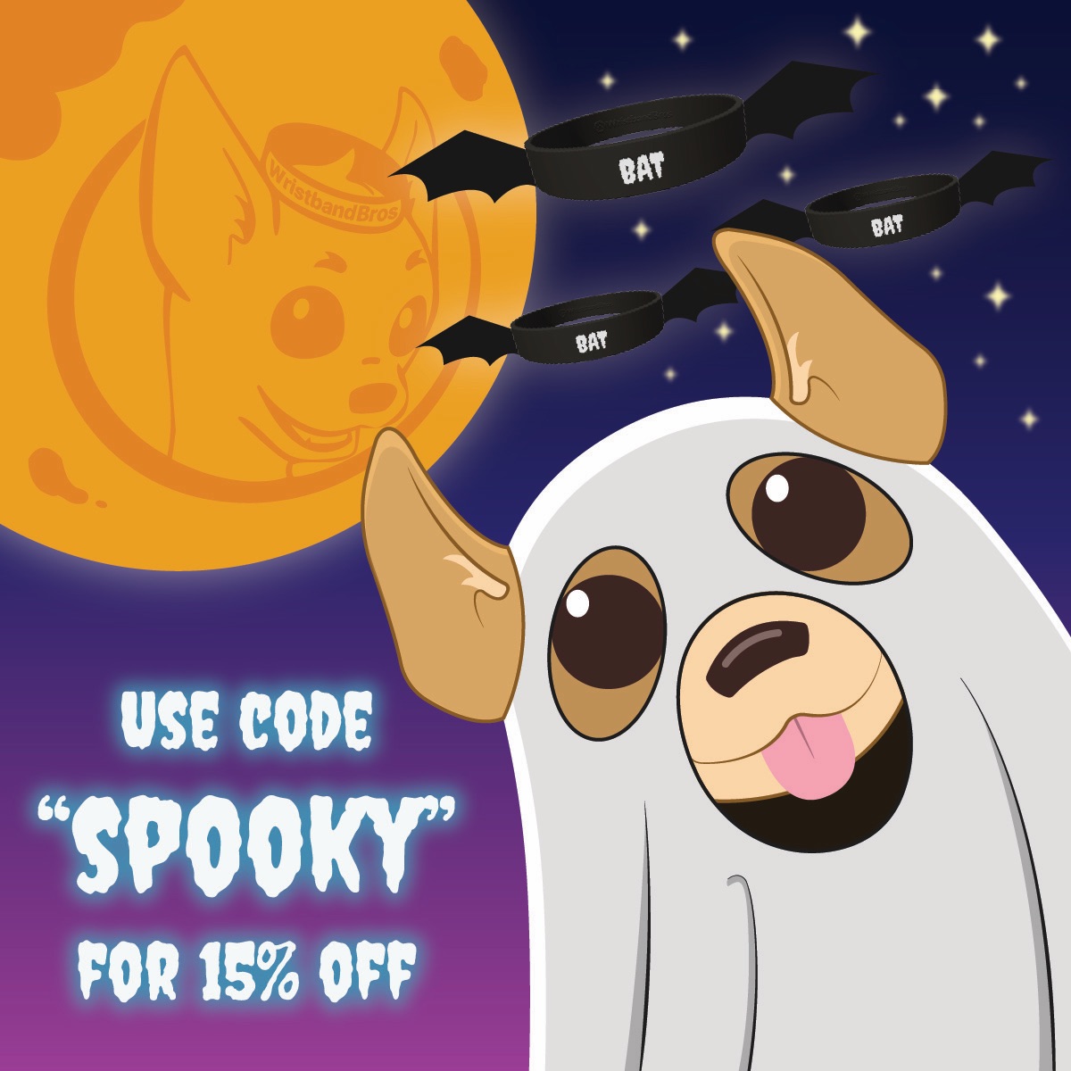 Use code SPOOKY for 15% off: a pup in a ghost costume under an orange moon, with bat-winged BAT wristbands flying by